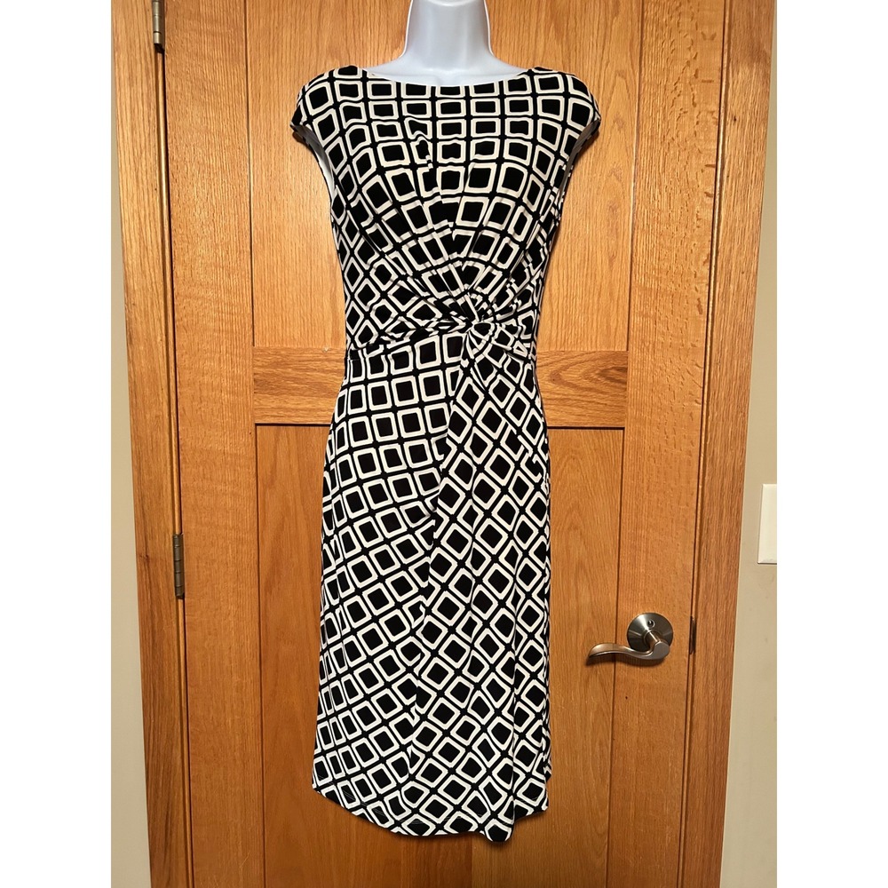 Lauren Ralph Lauren Black White Geometric Square Twist Waist Sheath Dress 4 S